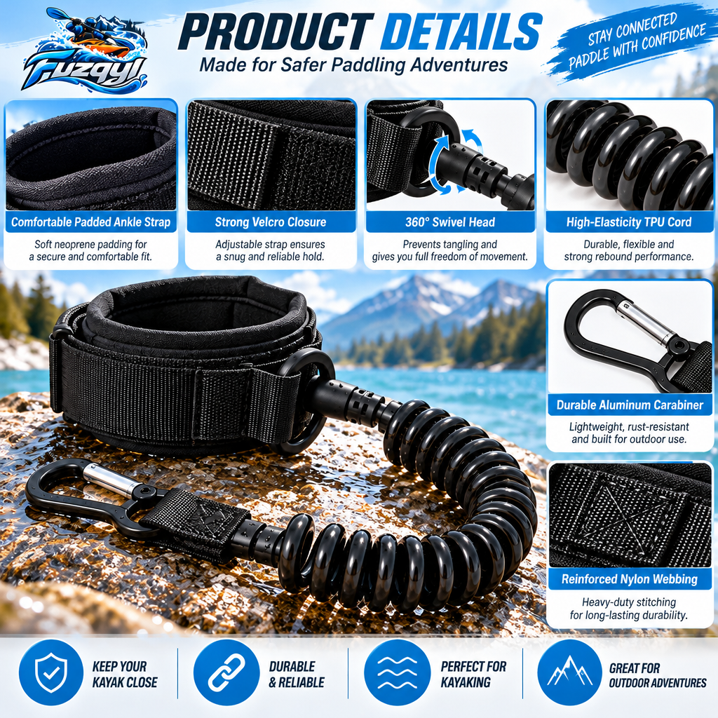 fuzqyl Coiled Kayak Leash with Wrist Cuff — design details