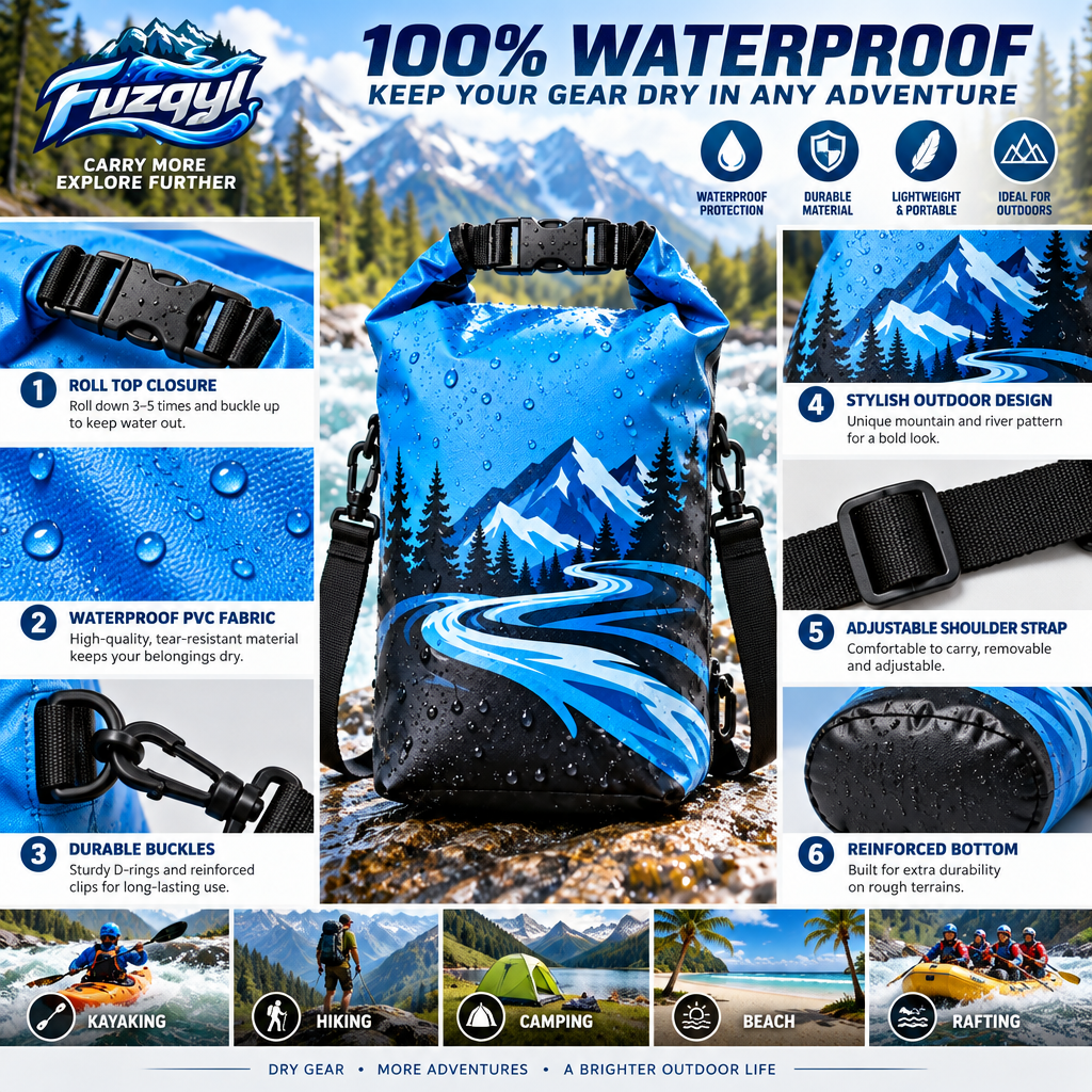 fuzqyl Blue Roll-Top Kayak Dry Bag — design details
