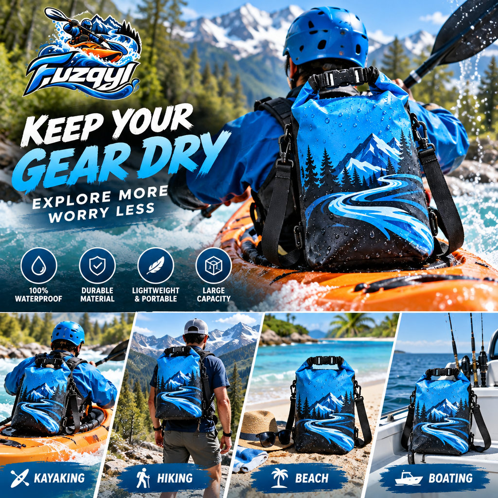 fuzqyl Blue Roll-Top Kayak Dry Bag — outdoor scene
