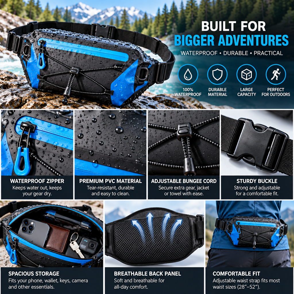 fuzqyl Blue Water-Resistant-Style Kayak Waist Pack — design details