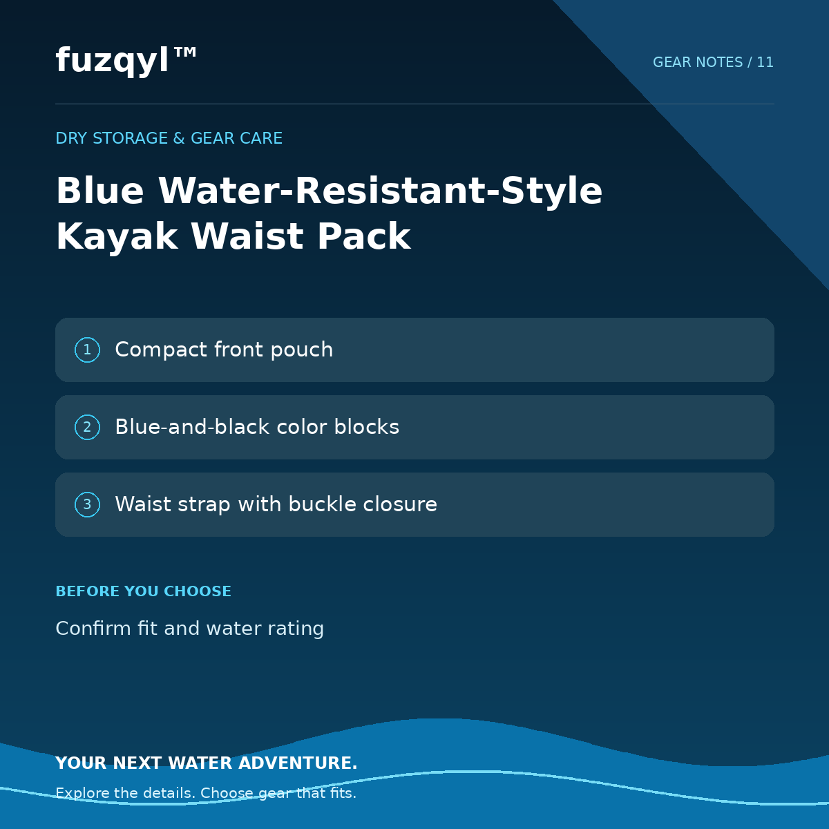 fuzqyl Blue Water-Resistant-Style Kayak Waist Pack — product information card