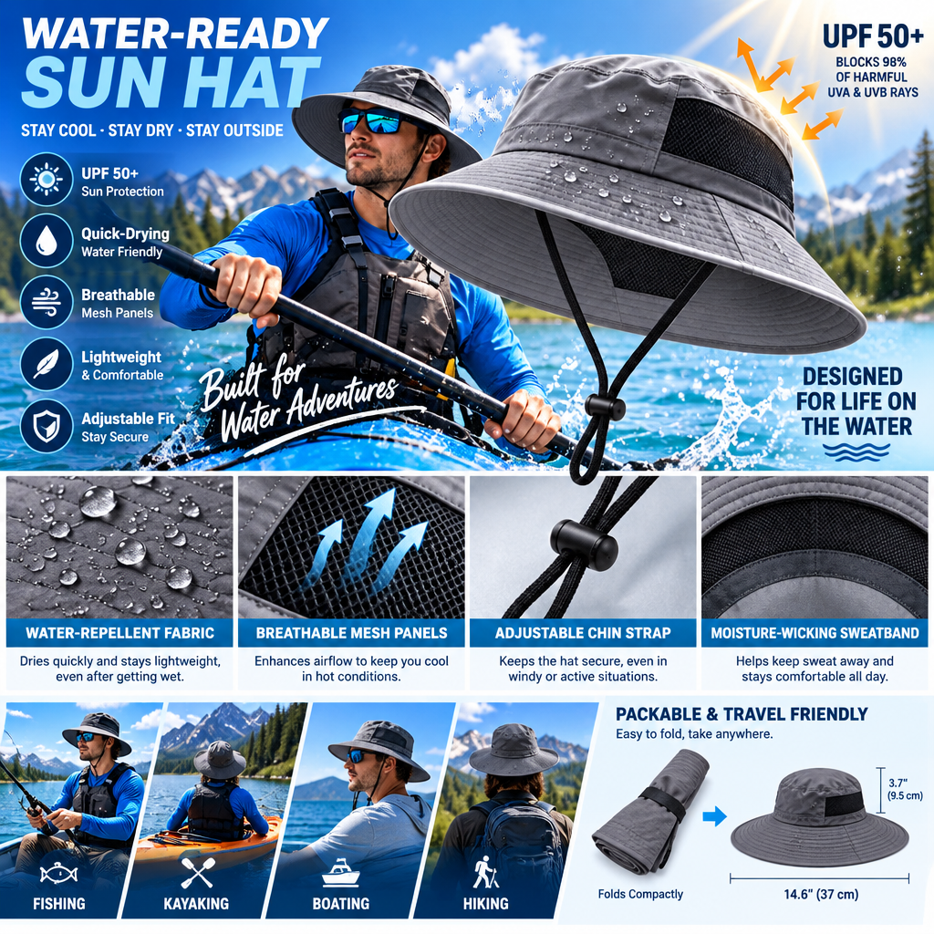 fuzqyl Wide-Brim Outdoor Sun Hat with Chin Cord — product overview