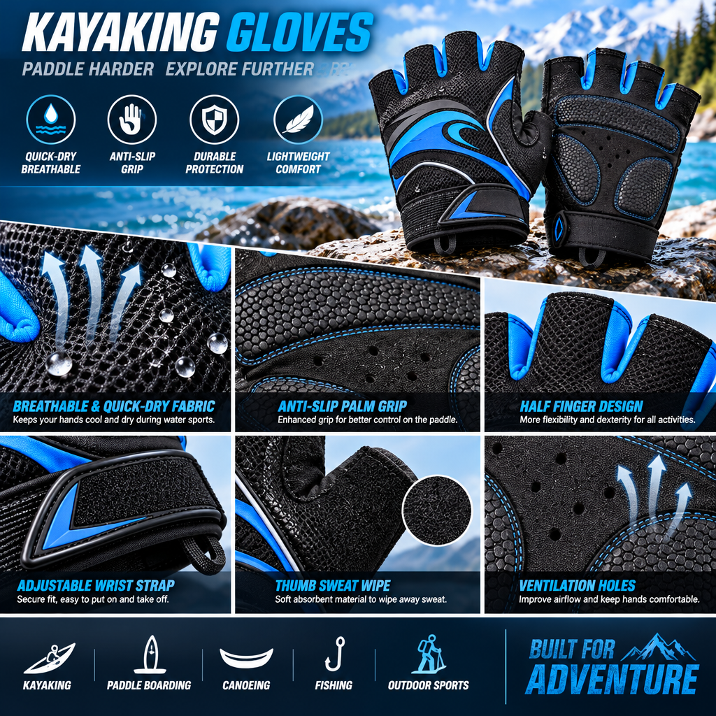 fuzqyl Blue & Black Fingerless Paddling Gloves — design details