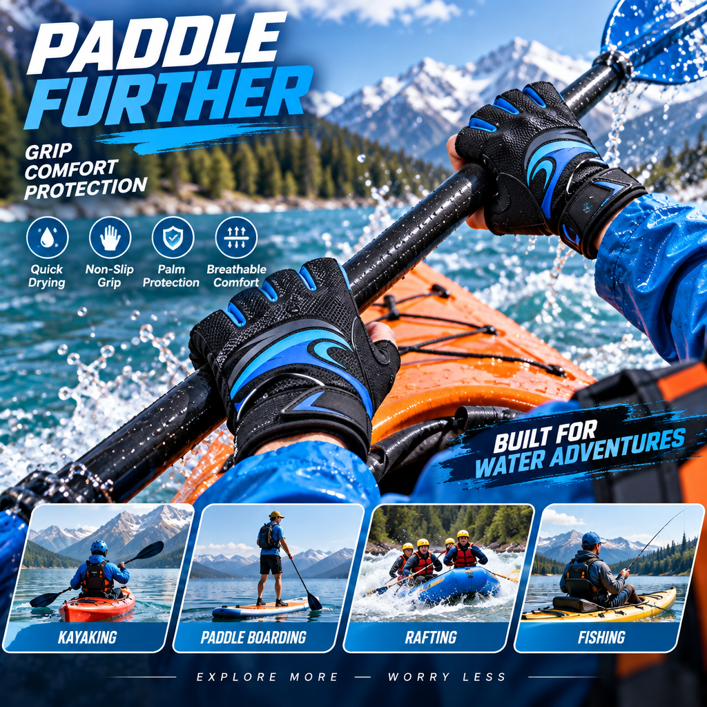 fuzqyl Blue & Black Fingerless Paddling Gloves — outdoor scene