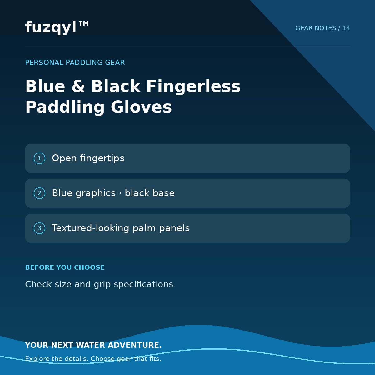 fuzqyl Blue & Black Fingerless Paddling Gloves — product information card
