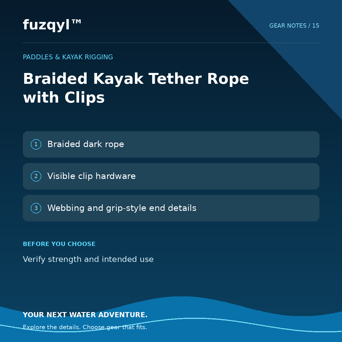 fuzqyl Braided Kayak Tether Rope with Clips — product information card
